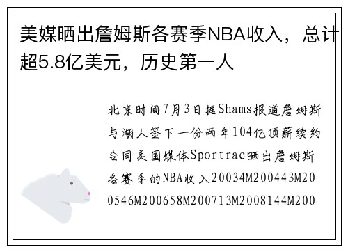美媒晒出詹姆斯各赛季NBA收入，总计超5.8亿美元，历史第一人